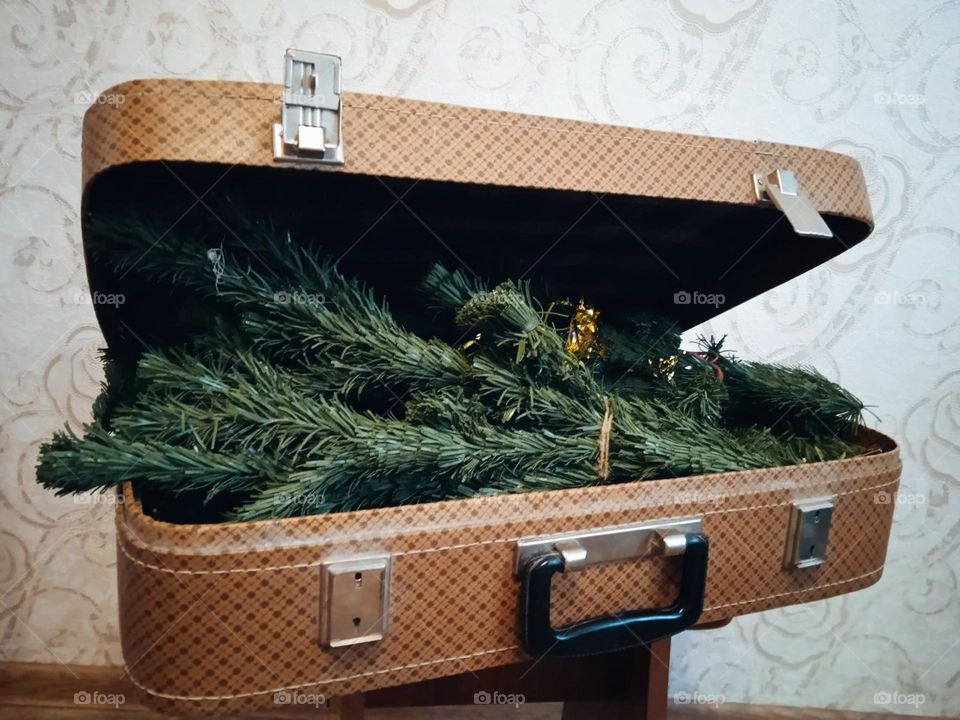 Old suitcases containing a Christmas tree
