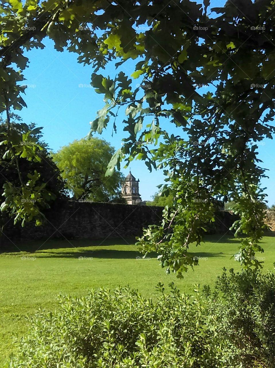 View of the Spanish Mission from outside the Mission walls.