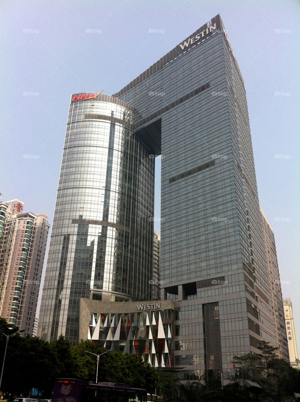 A beautiful shot of a hotel and office complex in downtown Guangzhou,