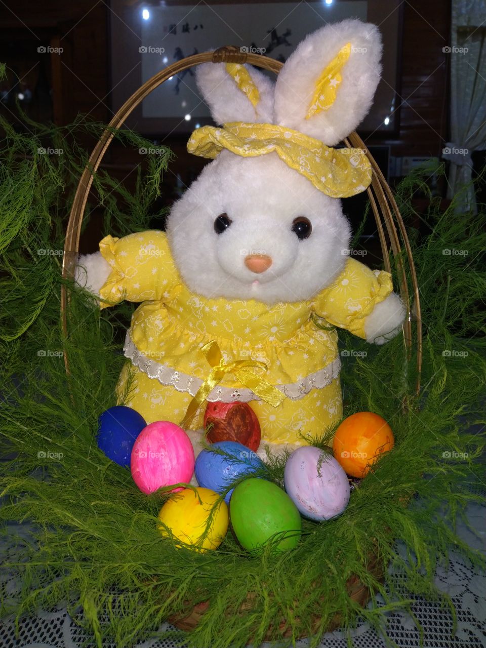 a colourful easter eggs with yellow bunny