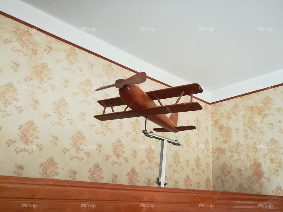 vintage apartment, old wooden plane model, wall vintage