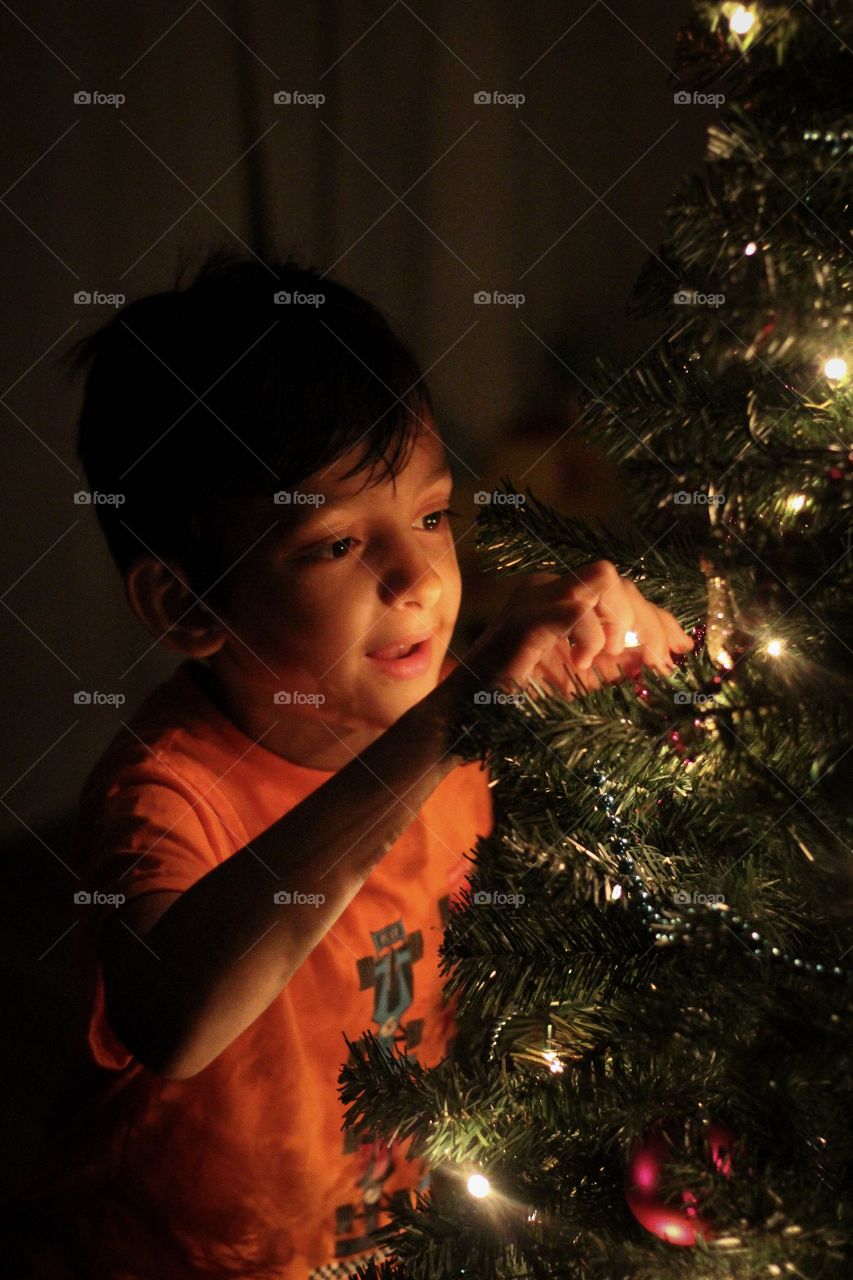 Boy Decorating Christmas Tree