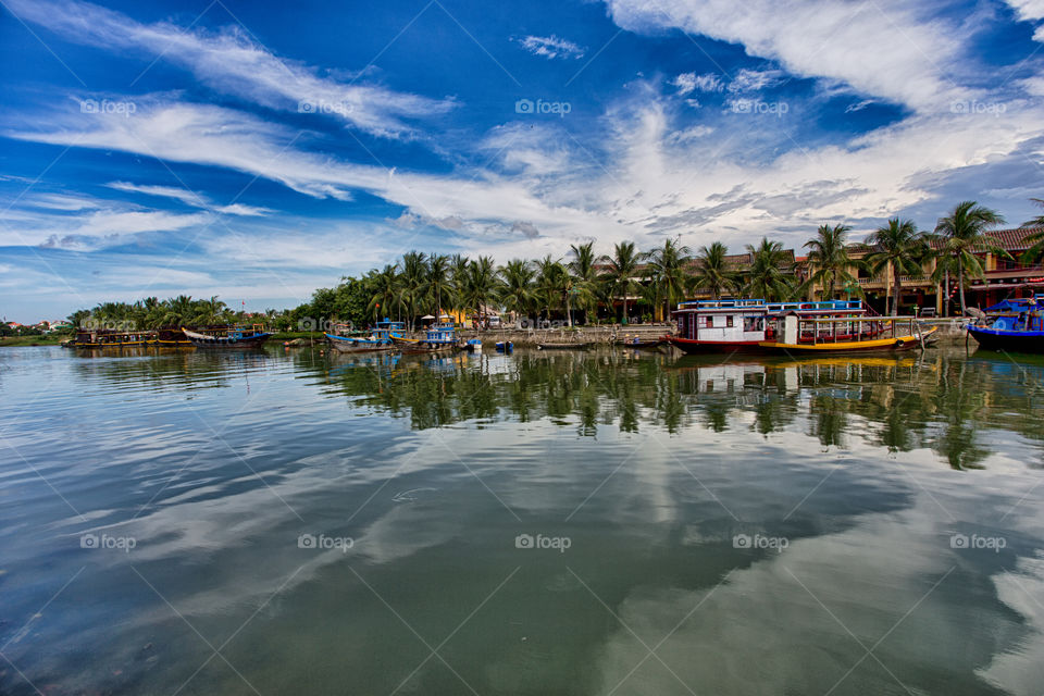 typical scene in Hoi An ancient town in central Vietnam. picturesque landscape by the river