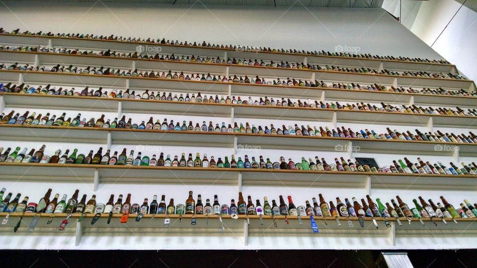 Beer bottles. Beer bottles on the wall in caldera brewery Ashland, Oregon.