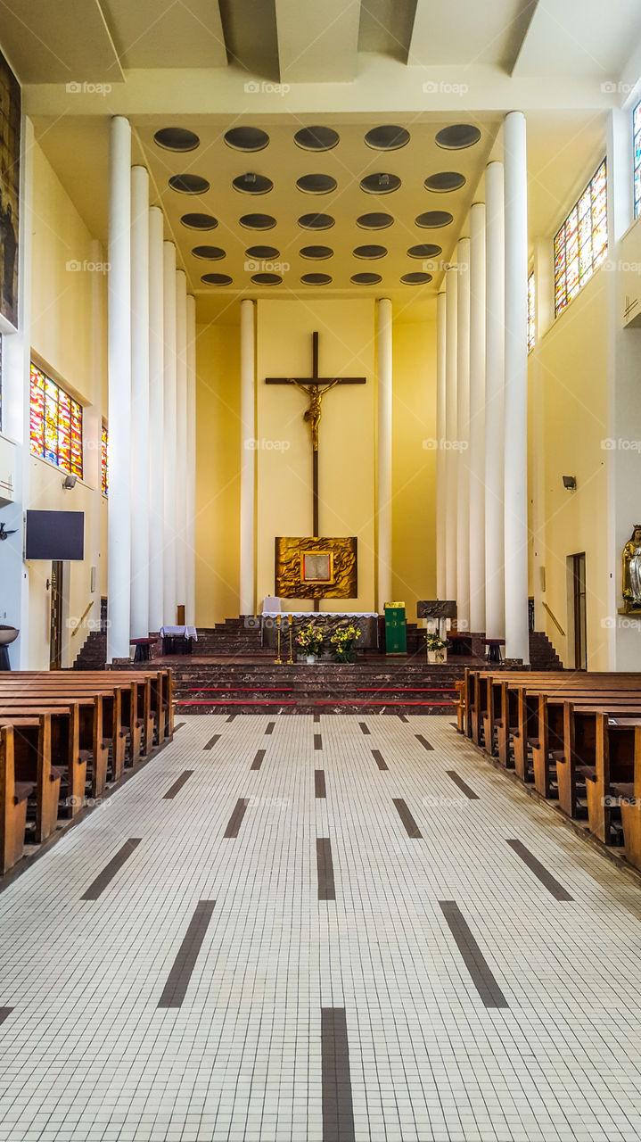 interior of the church with a modernist altar
