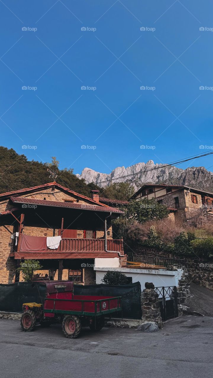 Nice Village in mountain, Spain, Mountain View, old houses in mountains, Laundry is drying on the balcony