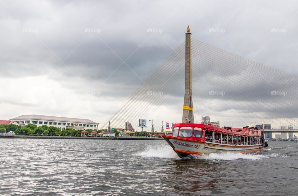 an Express or Taxi boat at the Chao Phraya River of the Metropolis Bangkok in Thailand Southeast Asia