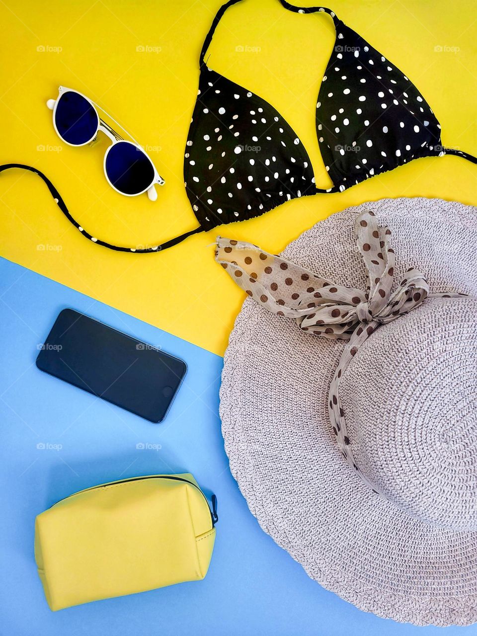 Summer outfit, all you need is swim wear, hat, sunglasses and mobile phone