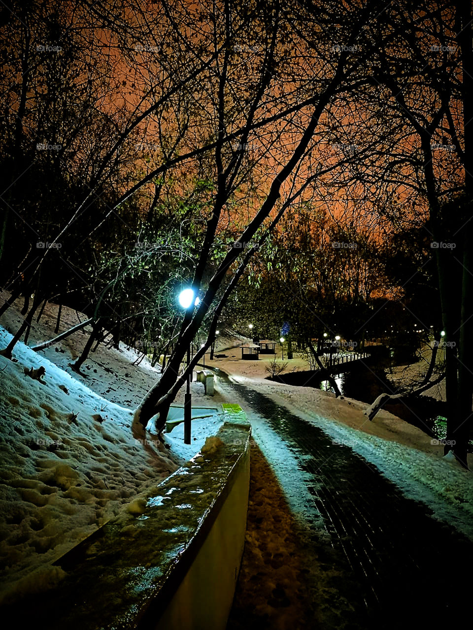 First snow.  Road in the snow to a personal lantern