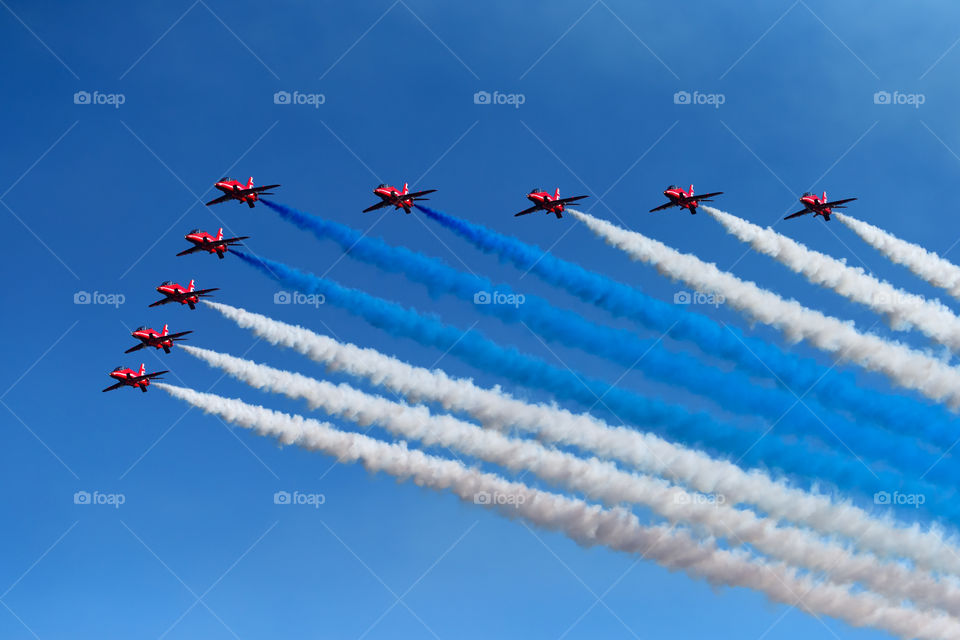 Helsinki, Finland - June 9, 2017: Red Arrows (The Royal Air Force Aerobatic Team) flying  aerobatics at the Kaivopuisto Air Show in Helsinki, Finland on 9 June 2017. 