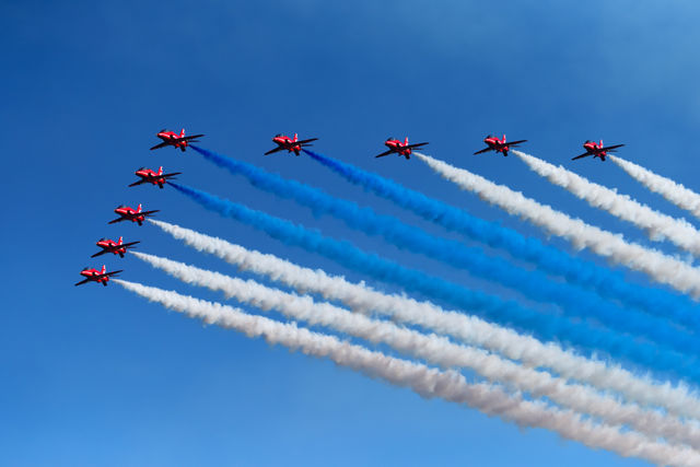 Helsinki, Finland - June 9, 2017: Red Arrows (The Royal Air Force Aerobatic Team) flying  aerobatics at the Kaivopuisto Air Show in Helsinki, Finland on 9 June 2017. 