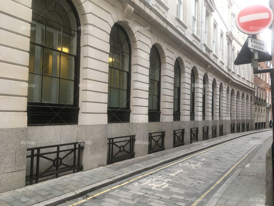 View north up Ironmonger Lane in the City of London. Captured in Summer from the junction with Cheapside.