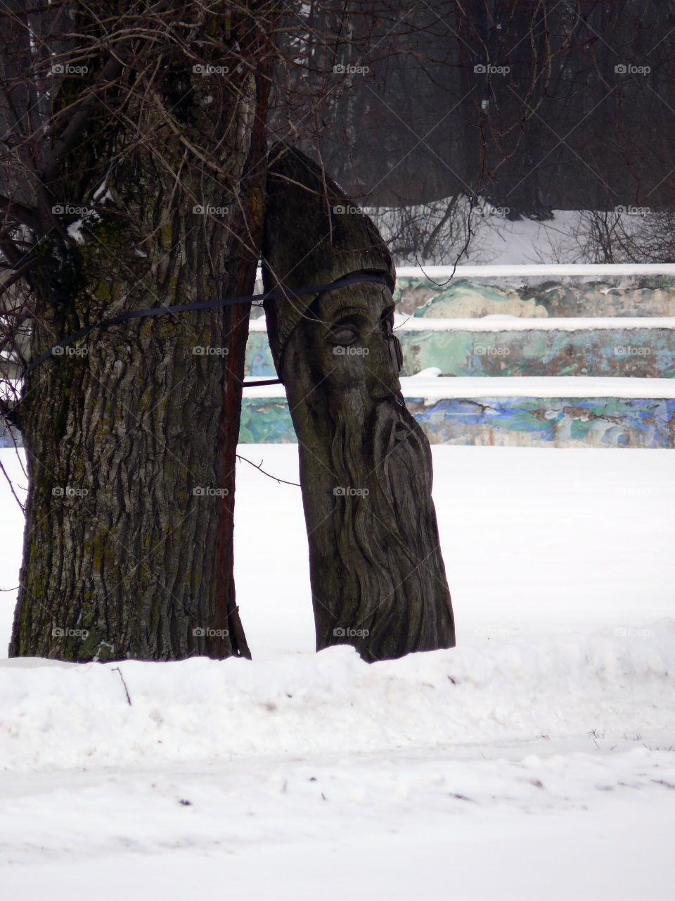 Wooden sculpture leaning on tree trunk during winter in Jūrmala, Latvia.