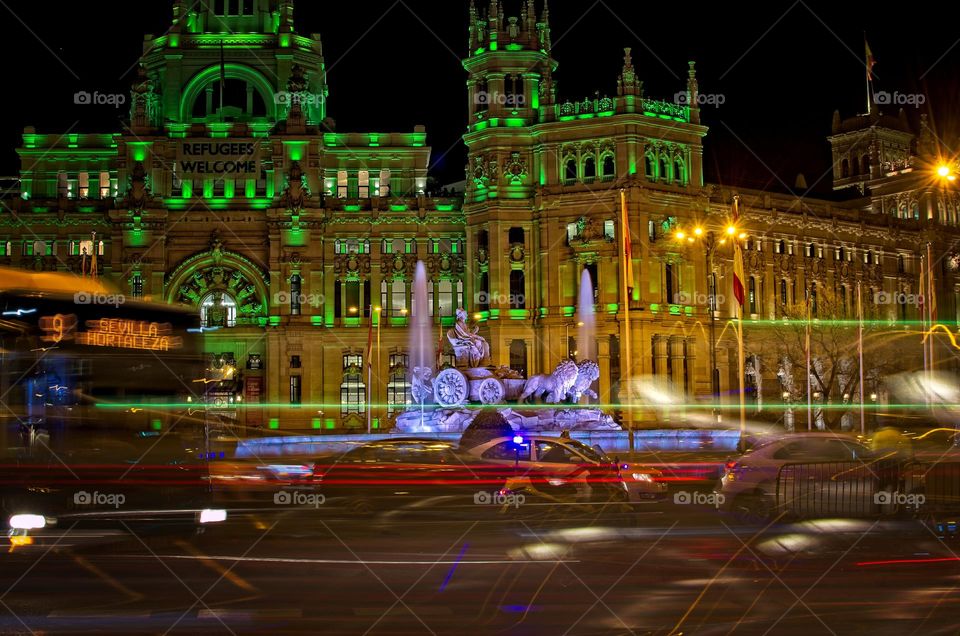 Cibeles Square in the center of Madrid at night