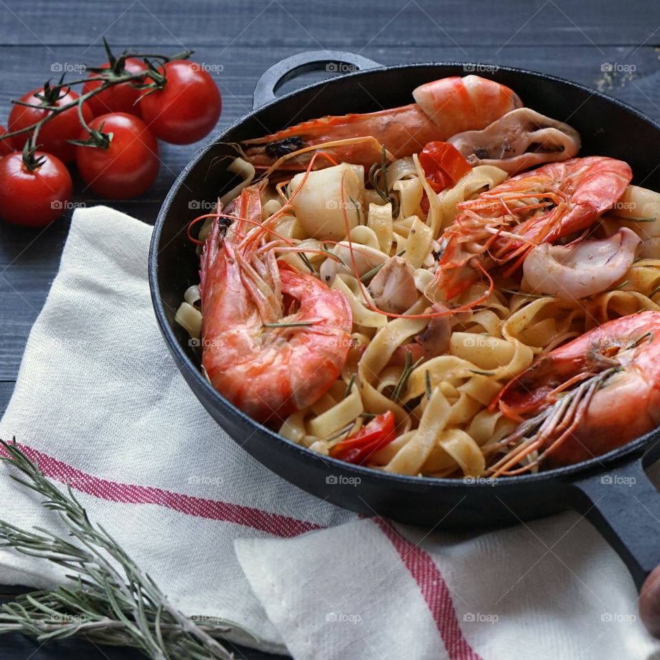 High angle view of pasta with prawn