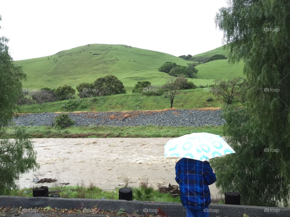 Kid with umbrella enjoying the view after rain