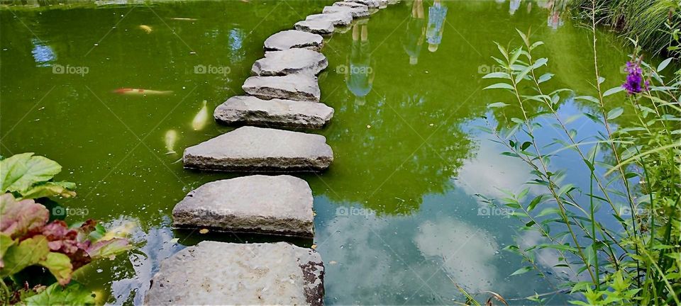 Stepping stones lead across the water at “Himalaya Nepal Park” in “Wiesent”, “Bavaria”, Germany on a sunny September day in 2024. Hypnotic Productions