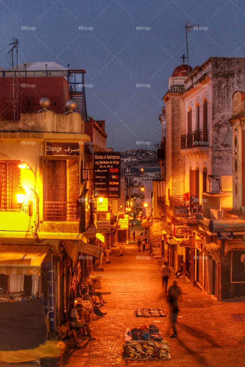 Evening in Tangier. A view of the street in Tangier from our restaurant window.