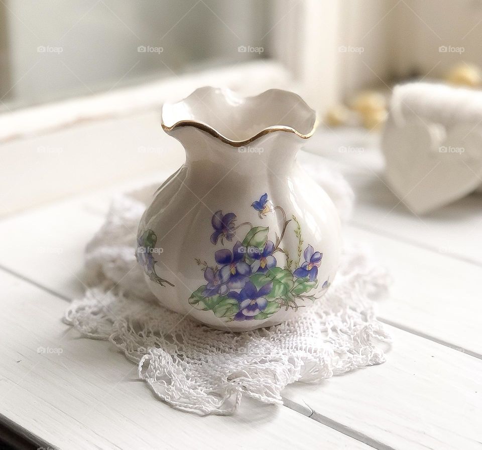 Little cream porcelain vase with violets vintage vase