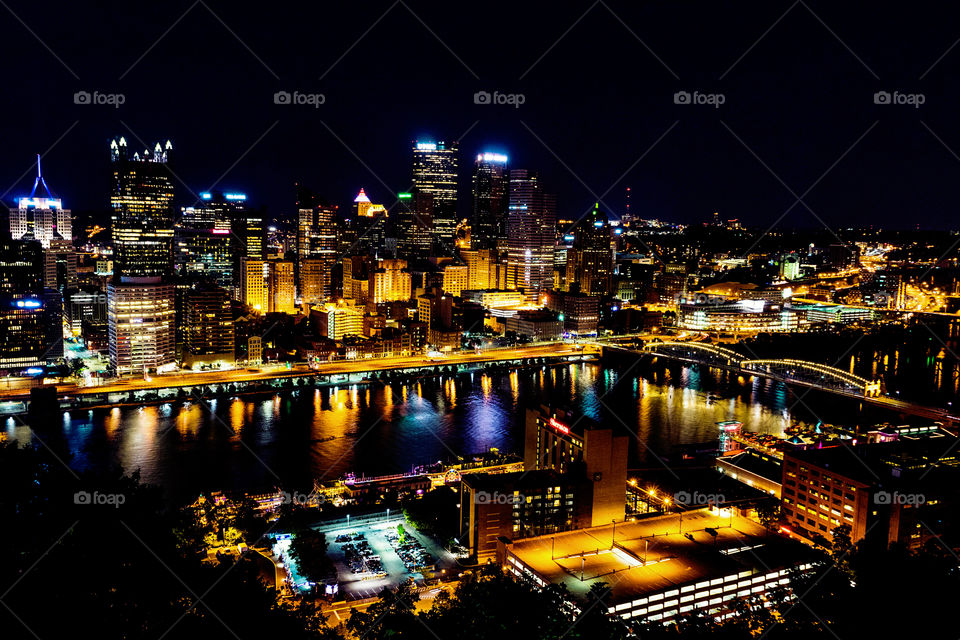 Illuminated buildings in downtown Pittsburgh, USA