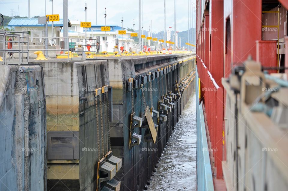 Container vessel entering Cocoli Locks in the Panama Canal