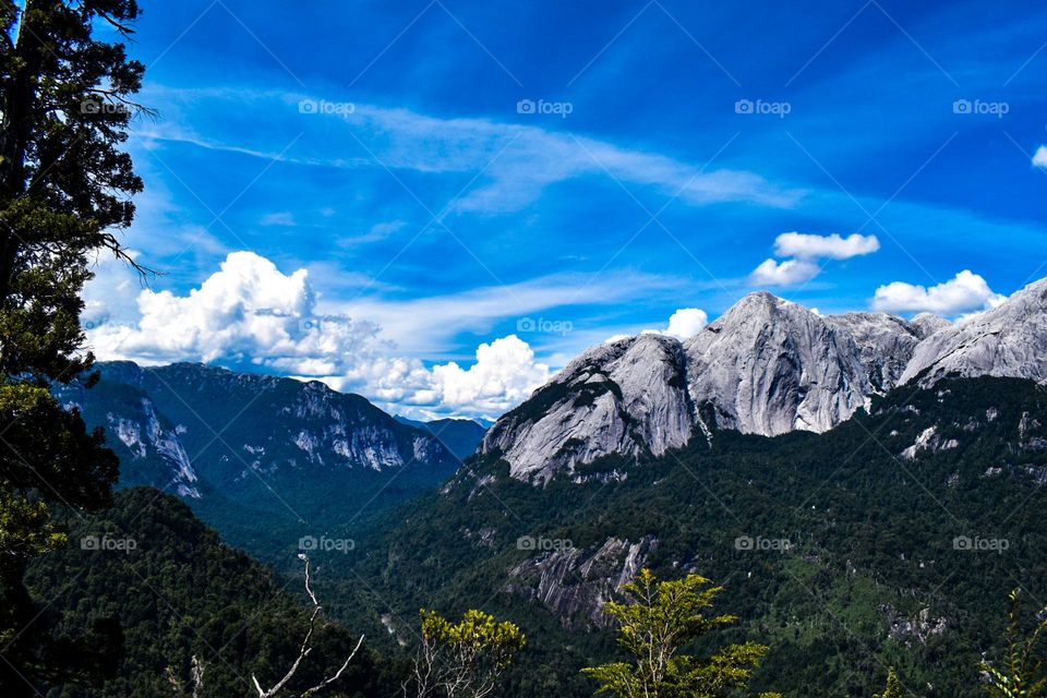 landscape with granite mountains in cochamo valley, chilean Patagonia 