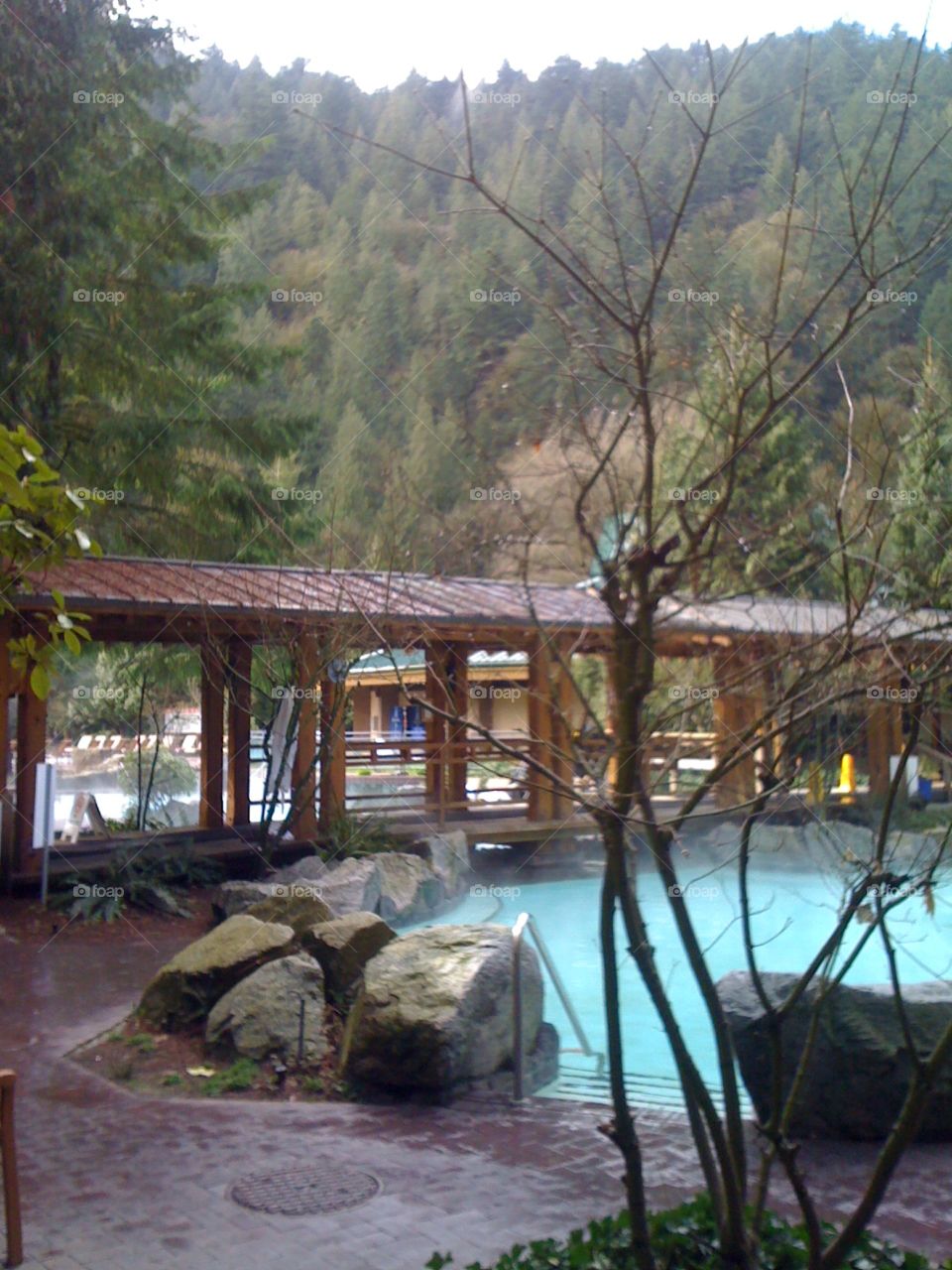 beautiful harrison hot springs pool and bridge walkway in nature