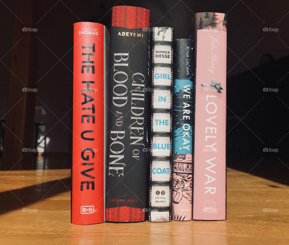 Five books lined up. These gorgeous spines stand out in the picture. Satisfy your bookish soul with this aesthetic photo.