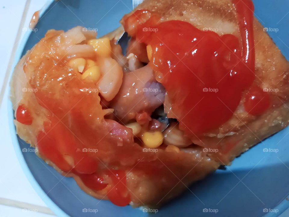 stuffed in spring roll cake, corn, macaroni, scallion, sausage