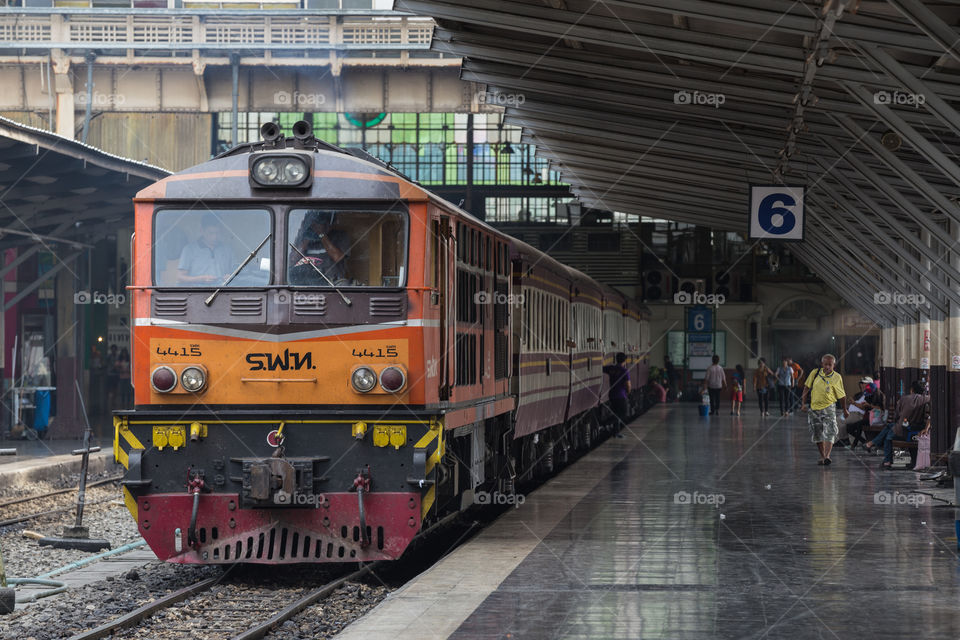 Train stop in the Hua Lamphong central railway station in Bangkok Thailand 