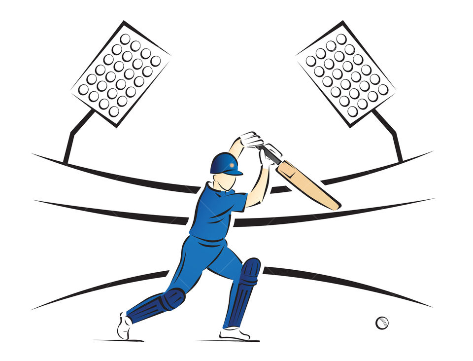 Cricketer playing a shot in a stadium illustration