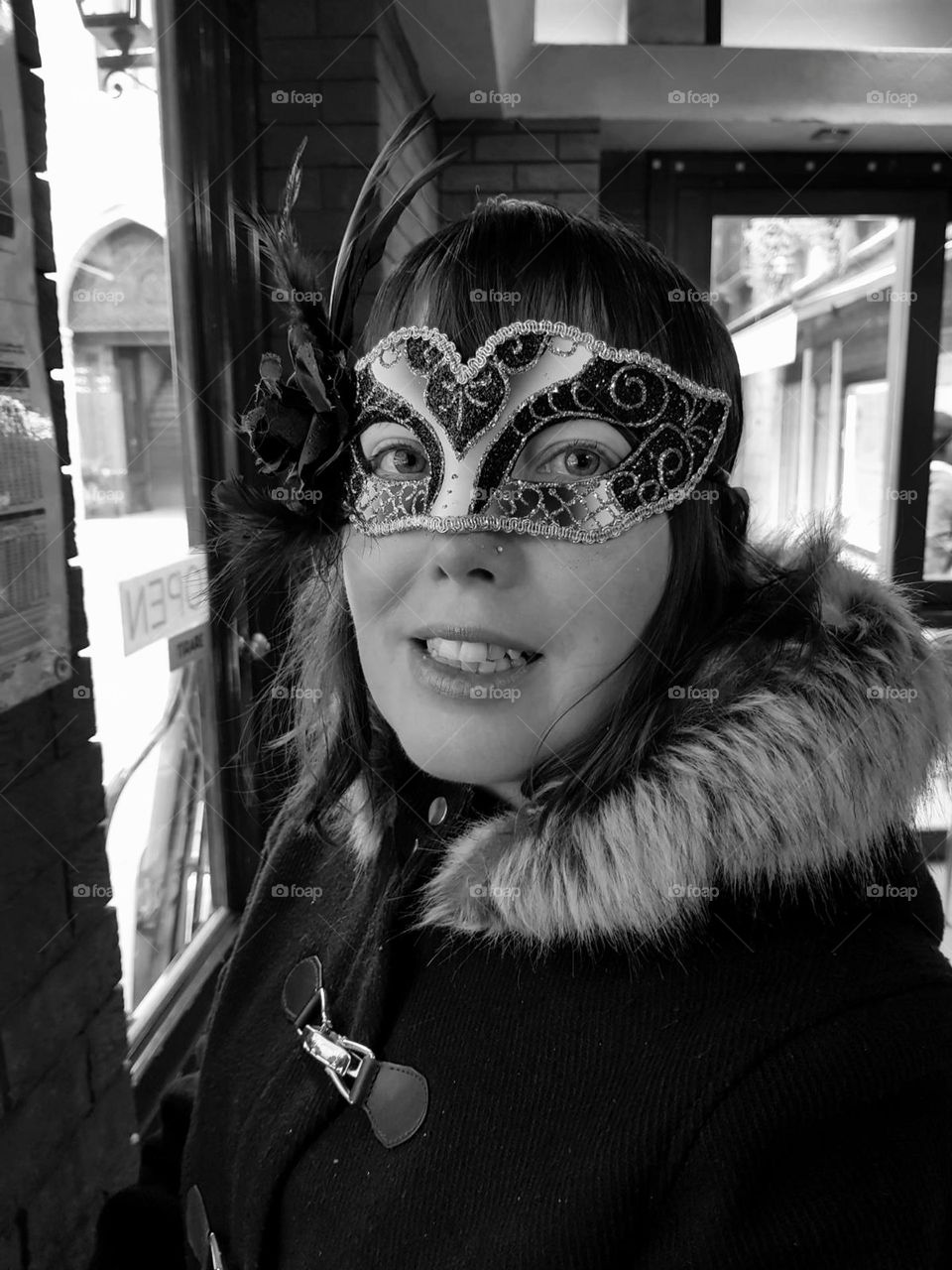 black and white photo of masquerade festival venice