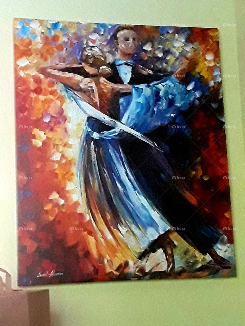 Beautiful original oil painting of a dancing couple. Painted on canvas by Leonid Afremov. Photo taken in my kitchen and dining room.