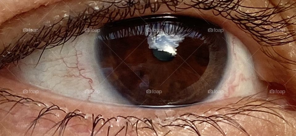Close up look to the eye where the sky reflect inside it