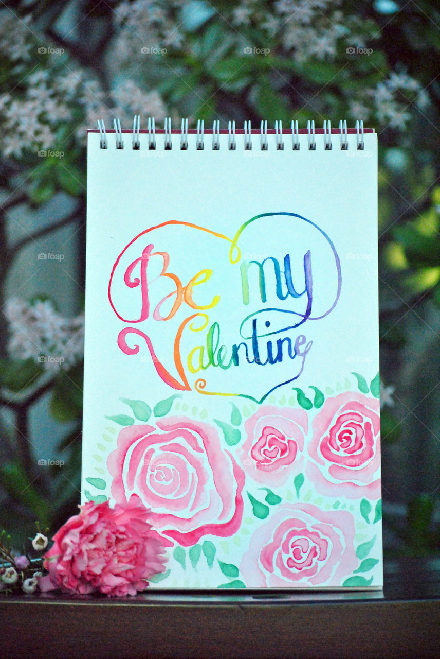 Be My Valentine, Hand painted card, rainbow, lettering, watercolor, garden setting