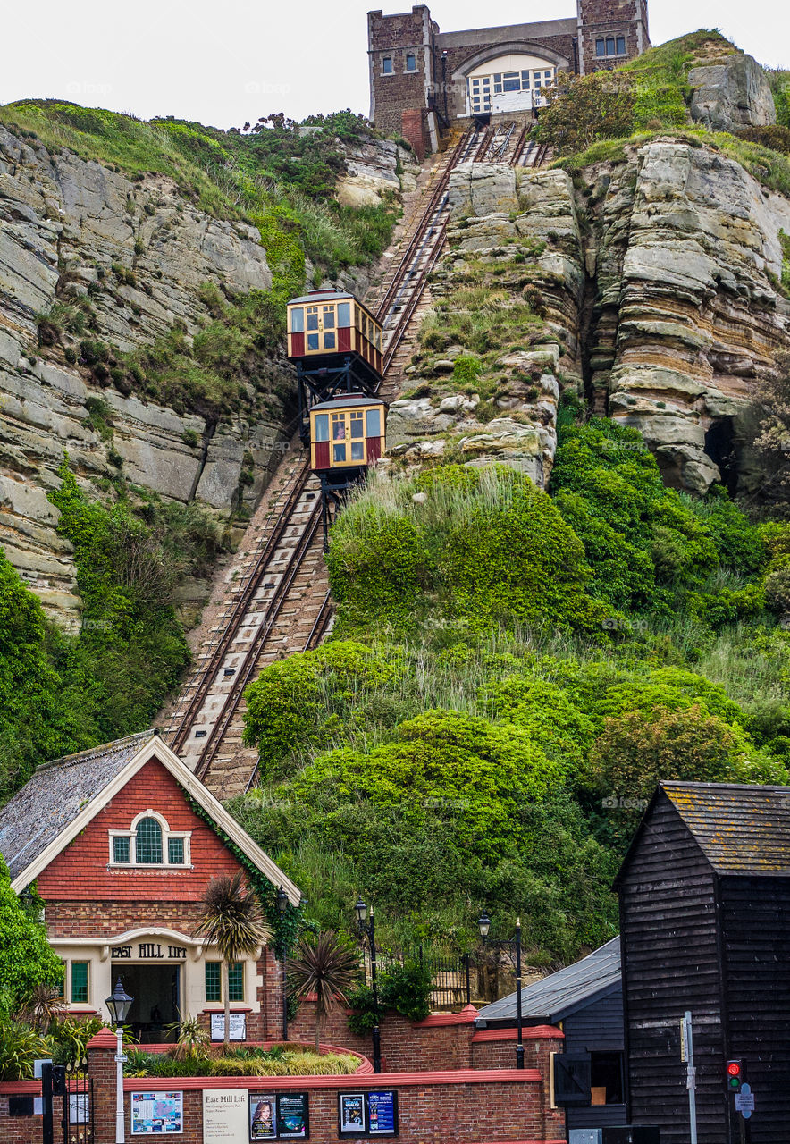 The East Hill lift - funicular railway in the old town of Hastings UK 