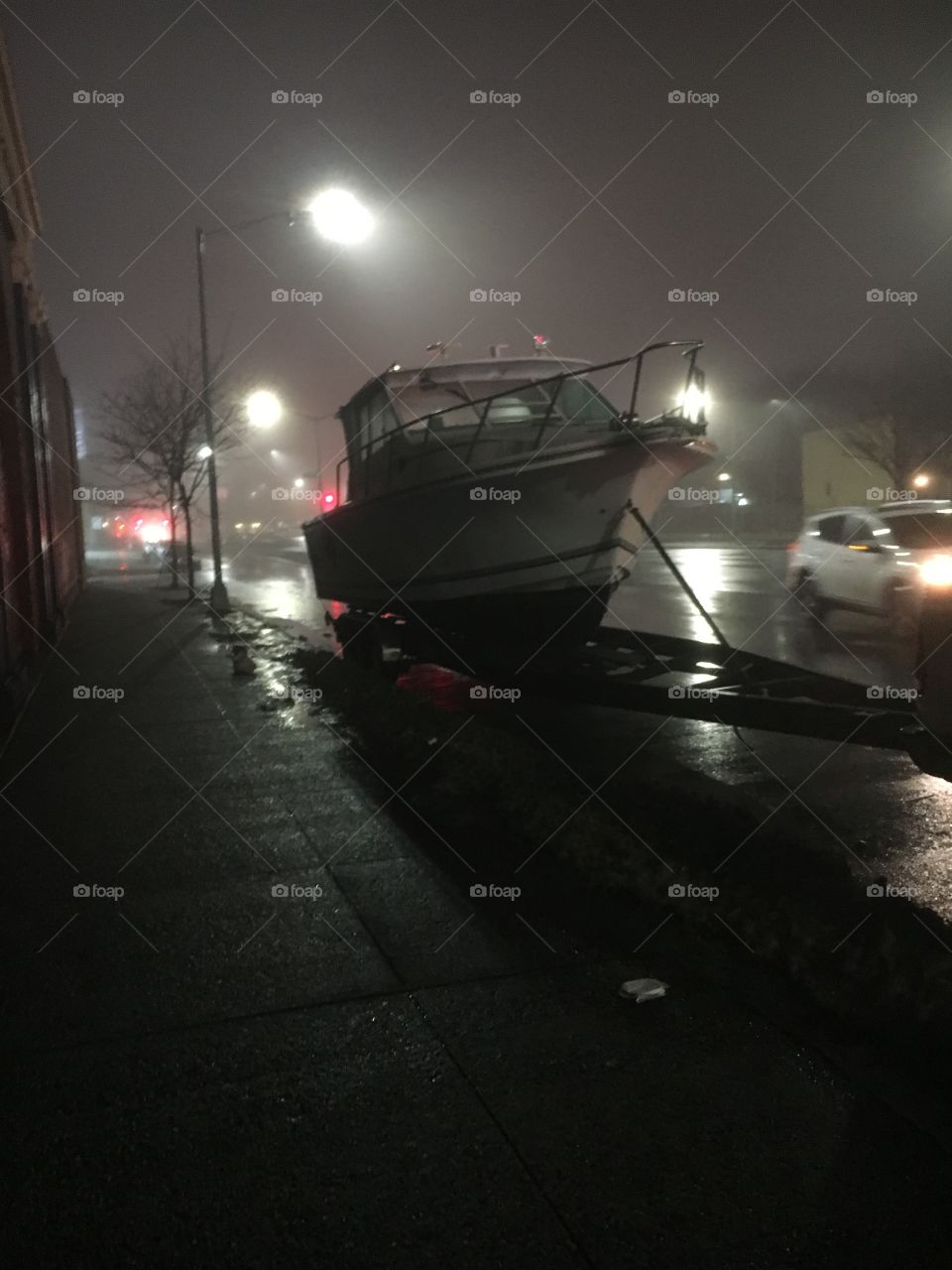 Deserted Boat On Brooklyn Streets In Rain Storm 
