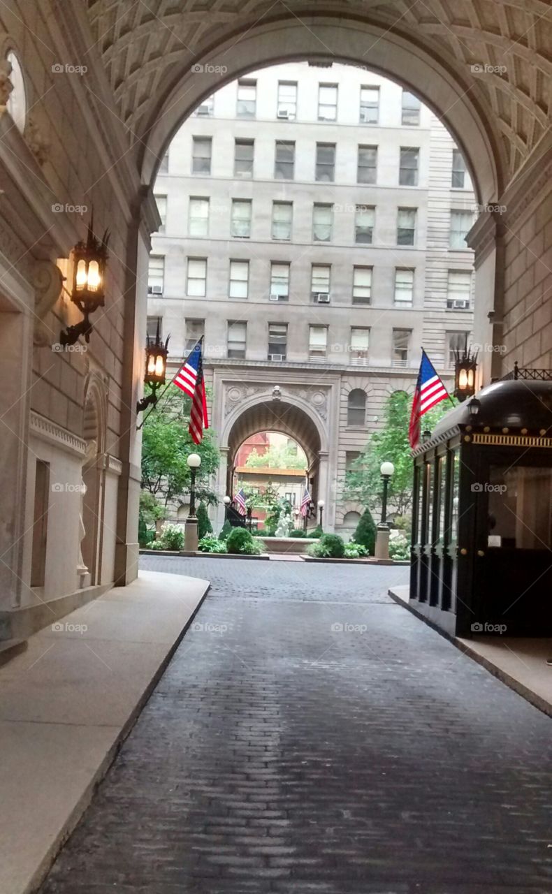 Flags in Courtyard of NYC Building