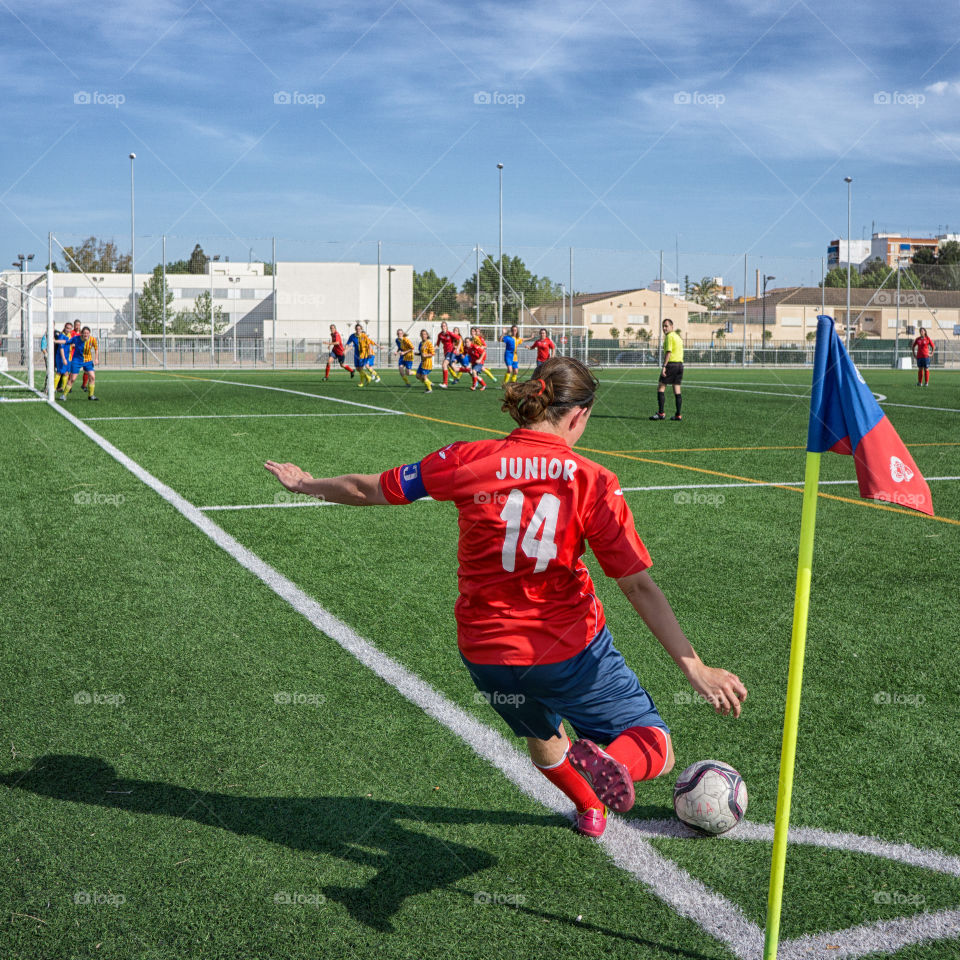 Soccer corner kick. women soccer match