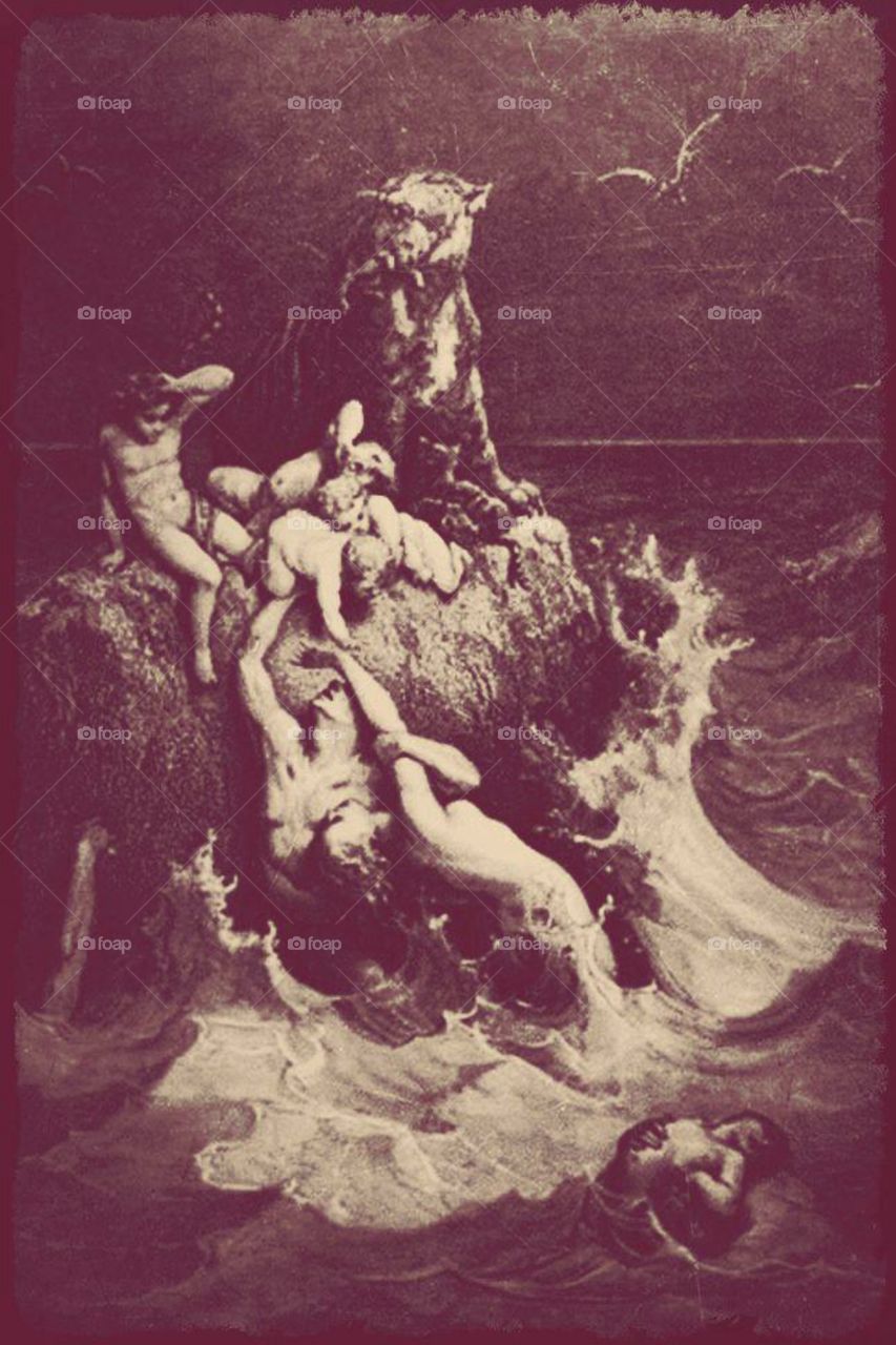 It's by Gustave Doré, usually considered a master engraver, this image is a powerful depiction of the doomed men and beasts in the story of Noah's Ark trying desperately and futilely to save their children.