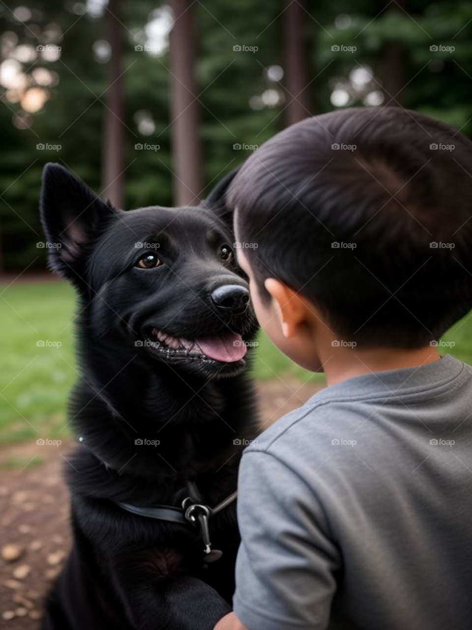 Little boy with beautiful black dog