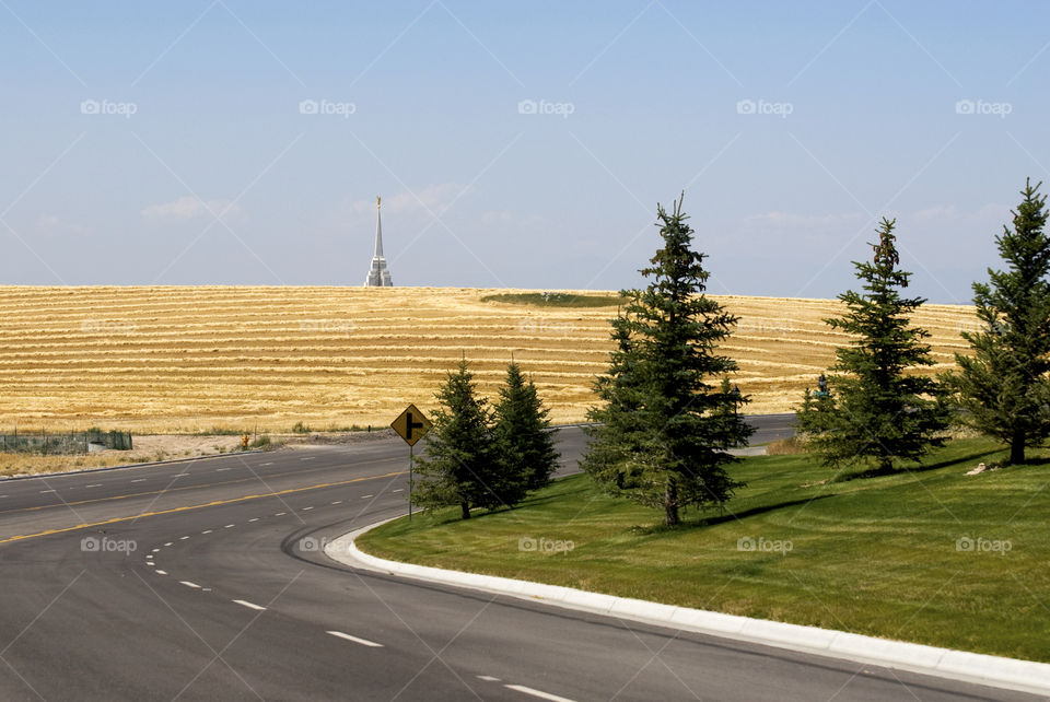 The Rexburg Idaho LDS Temple spire peaking over the yellow/white hills of harvested grains - the raod bends past and around winding toward the Temple where the green grass and trees sit across the way