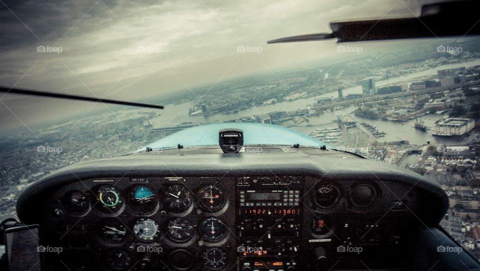 Pilot view from Airplane over Amsterdam