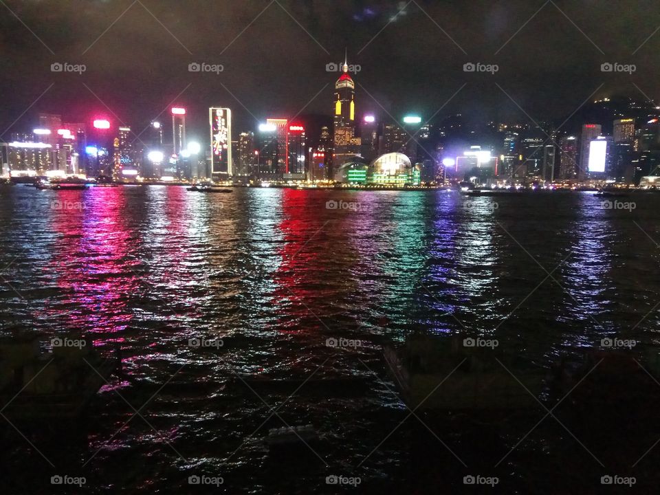 Beautiful Colorful Hong Kong Harbour Skyline at night