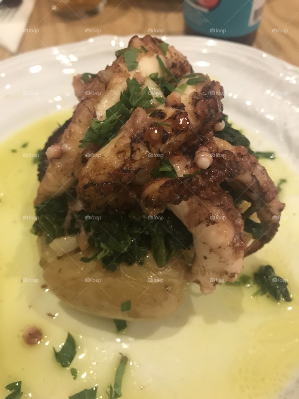 Octopus dinner with potato in Portugal. PORTUGUESE food. 