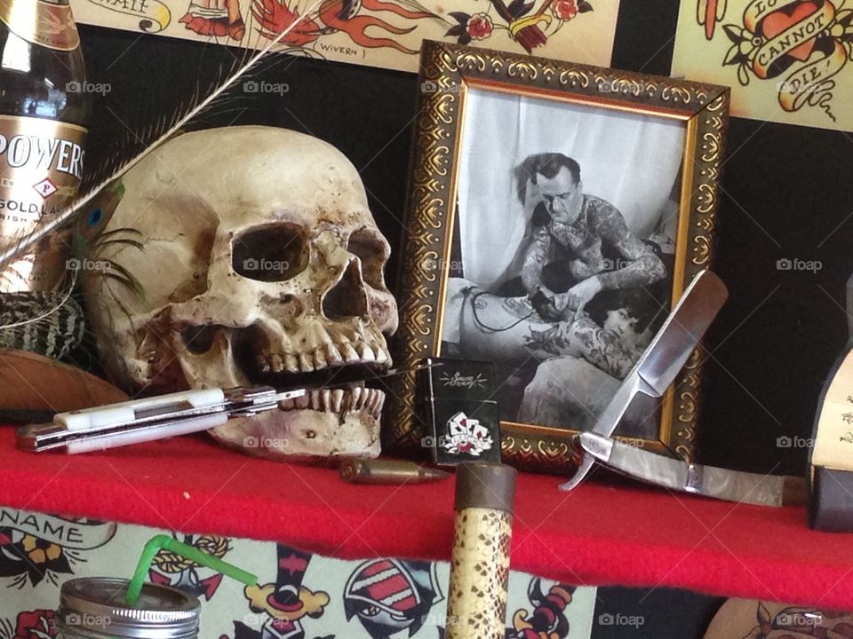Eclectic display at a tattoo shop in Gainesville, Florida