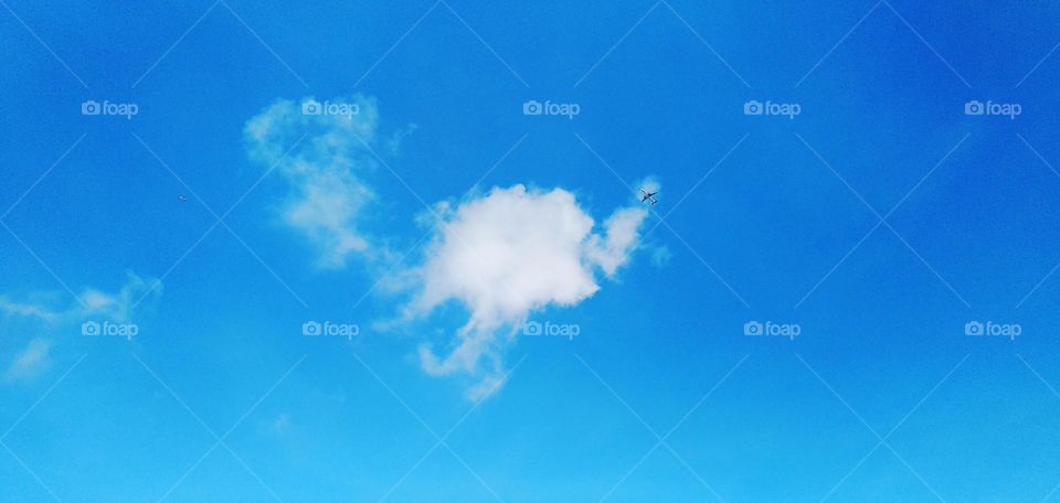 Cloudscape, abstract "little dinosaur chasing airplane" by cumulus clouds.