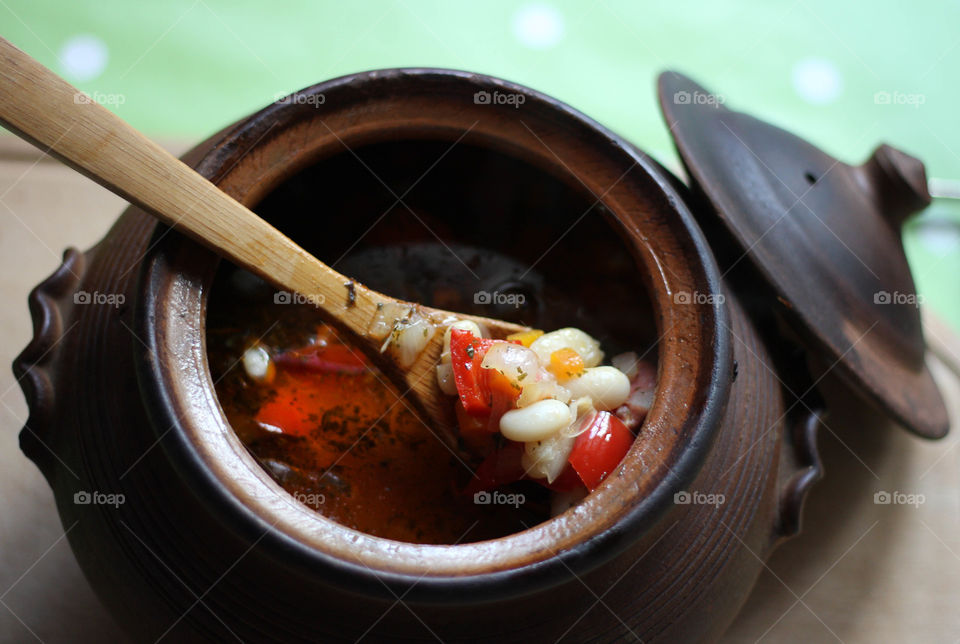 Boiled bean soup in a pot