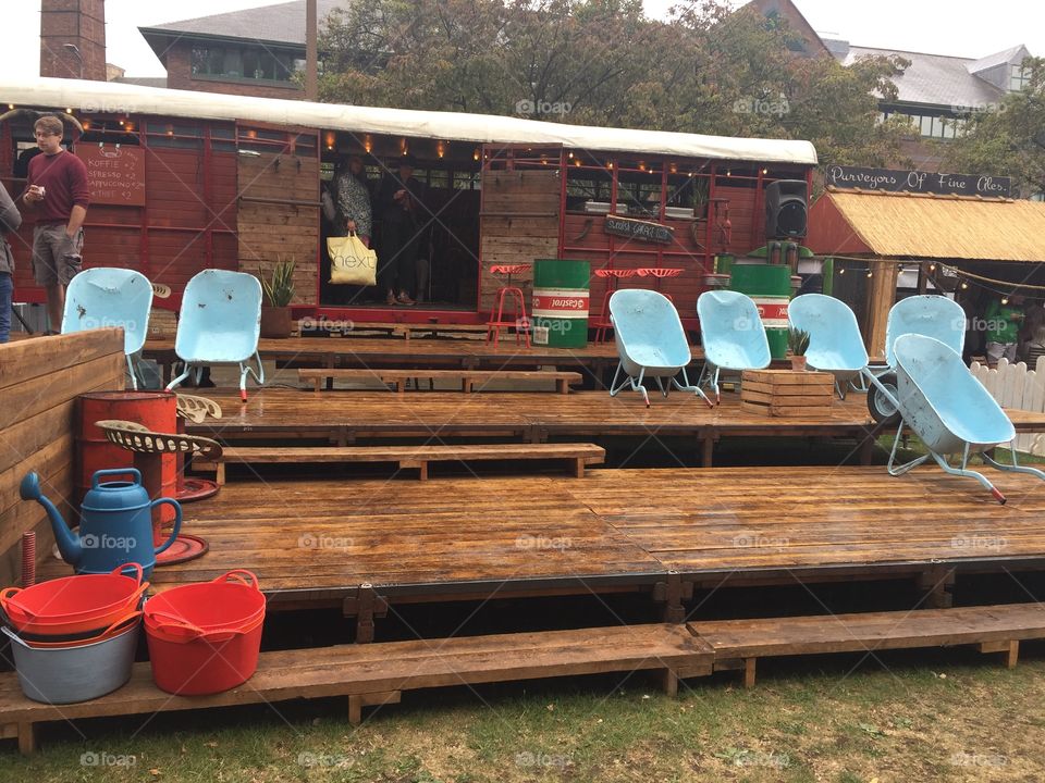 Bar at freedom festival Hull 2019, the wheelbarrow chairs are out every year 