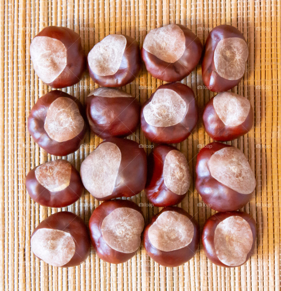 А square of peeled chestnuts a natural brown mat